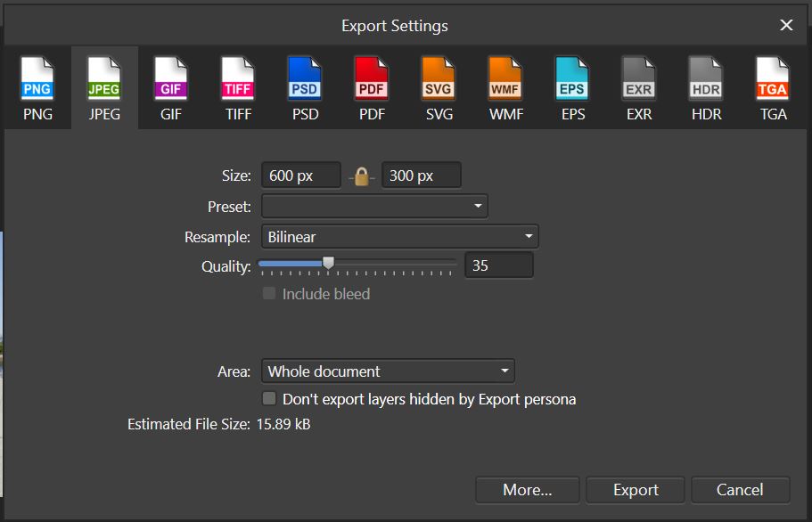 Affinity export settings