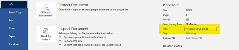 Screenshot of where to add a document title in Microsoft Word