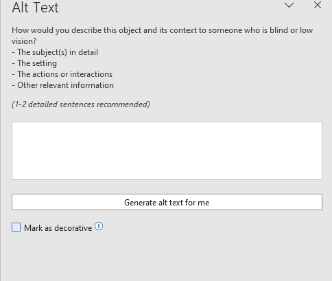 Screen shot of area in Microsoft Word to add your alt-text or to mark image as decorative