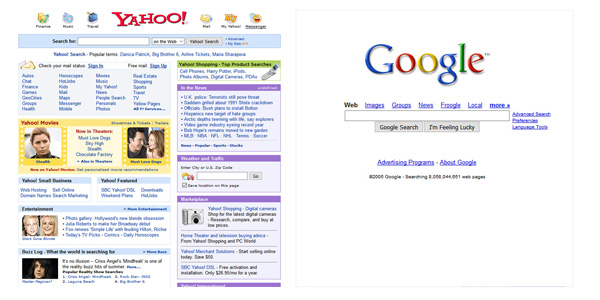 Yahoo and Google homepages in 2005